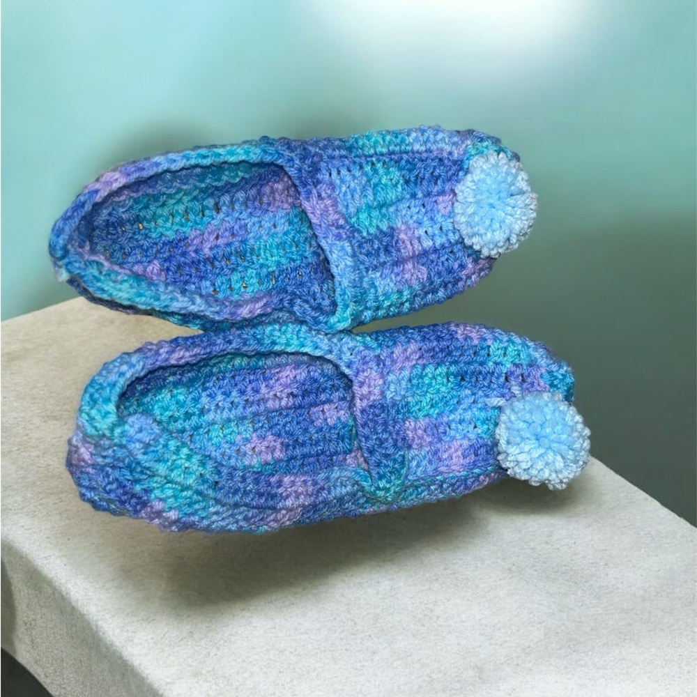 Handmade Blue and Purple crochet Slippers. Size medium or Women’s 7